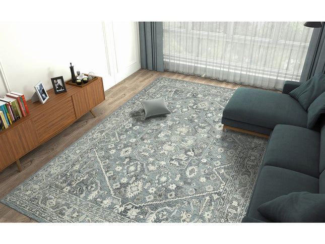 9' X 13' Sky Blue Gray And Ivory Wool Oriental Hand Tufted Area Rug