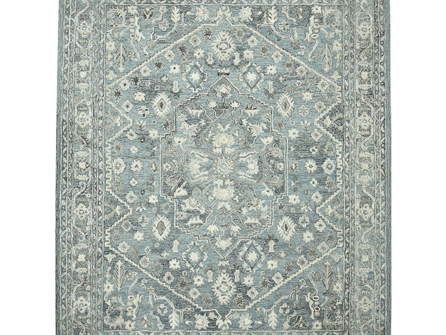 9' X 13' Sky Blue Gray And Ivory Wool Oriental Hand Tufted Area Rug