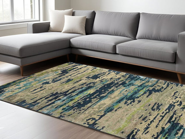 9' X 13' Sand And Green Wool Abstract Hand Tufted Area Rug