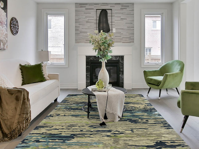 9' X 13' Sand And Green Wool Abstract Hand Tufted Area Rug