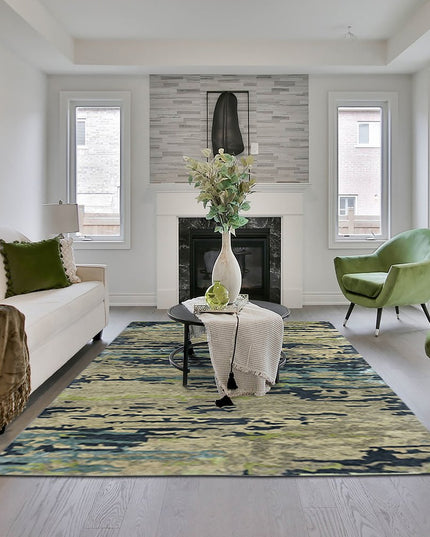 9' X 13' Sand And Green Wool Abstract Hand Tufted Area Rug