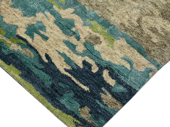 9' X 13' Sand And Green Wool Abstract Hand Tufted Area Rug