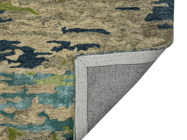 9' X 13' Sand And Green Wool Abstract Hand Tufted Area Rug