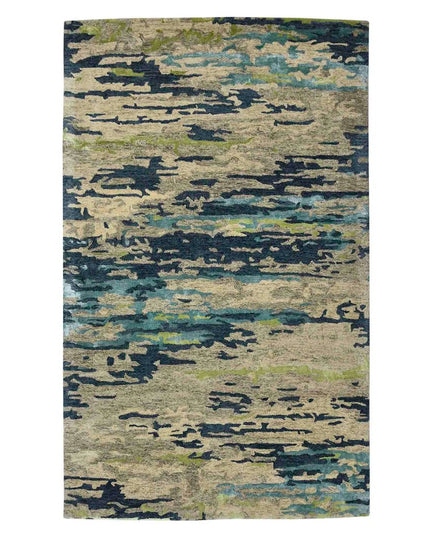 9' X 13' Sand And Green Wool Abstract Hand Tufted Area Rug