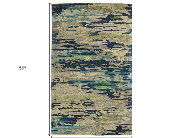 9' X 13' Sand And Green Wool Abstract Hand Tufted Area Rug