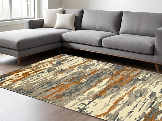 9' X 13' Orange Ivory And Green Wool Abstract Hand Tufted Area Rug