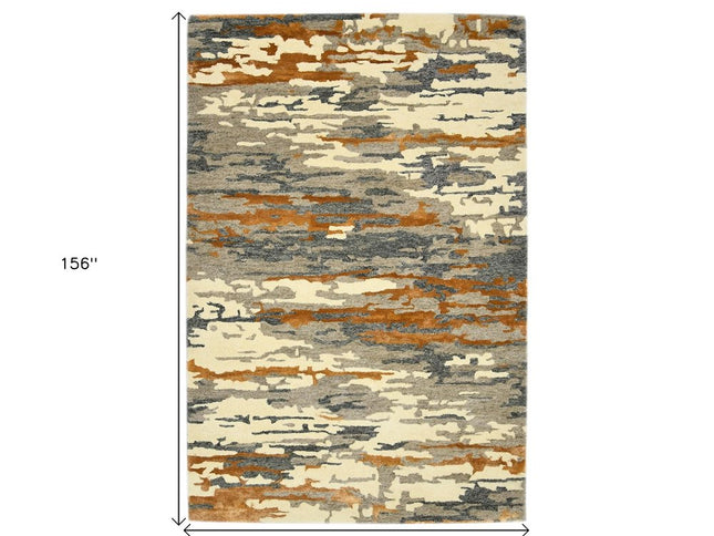 9' X 13' Orange Ivory And Green Wool Abstract Hand Tufted Area Rug