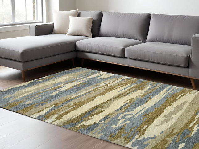 9' X 13' Light Blue Ivory And Brown Wool Abstract Hand Tufted Area Rug