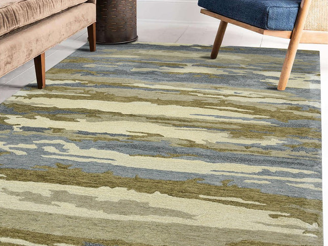 9' X 13' Light Blue Ivory And Brown Wool Abstract Hand Tufted Area Rug