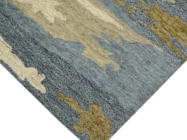 9' X 13' Light Blue Ivory And Brown Wool Abstract Hand Tufted Area Rug