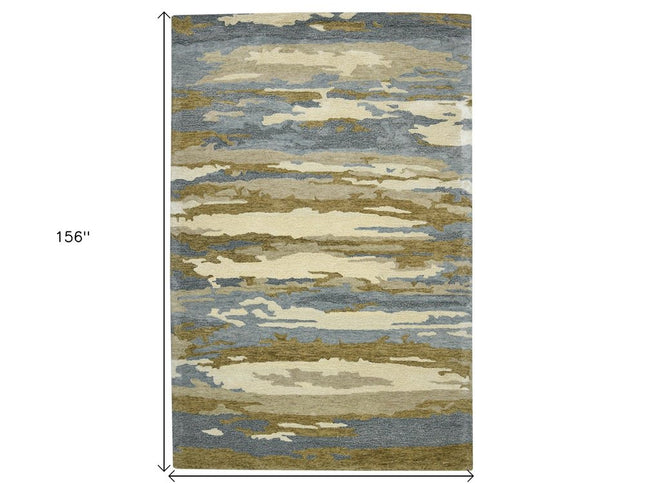 9' X 13' Light Blue Ivory And Brown Wool Abstract Hand Tufted Area Rug