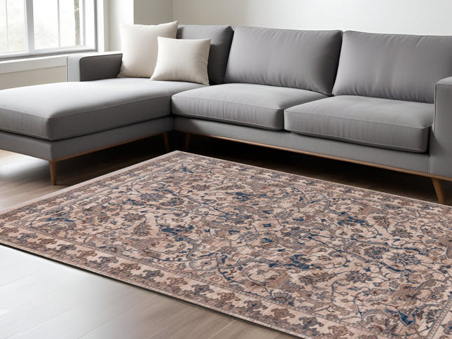 9' X 13' Tan And Blue Oriental Area Rug With Fringe