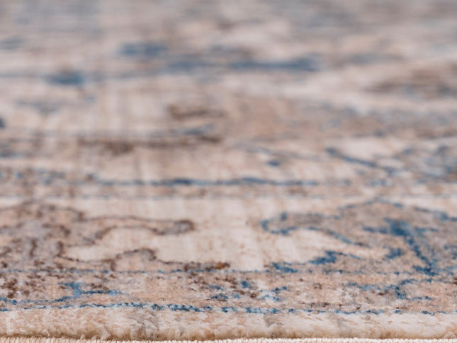 9' X 13' Tan And Blue Oriental Area Rug With Fringe