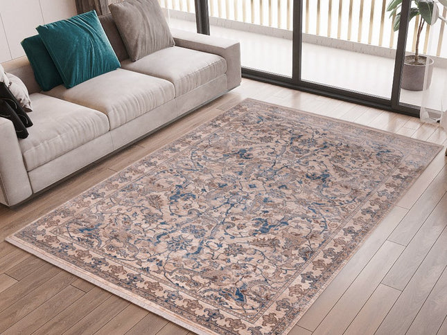 9' X 13' Tan And Blue Oriental Area Rug With Fringe