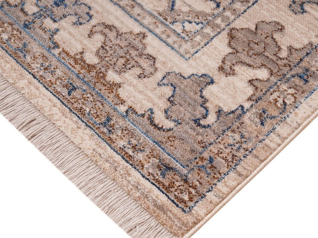 9' X 13' Tan And Blue Oriental Area Rug With Fringe