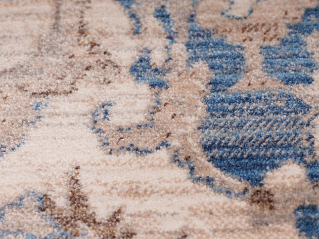 9' X 13' Tan And Blue Oriental Area Rug With Fringe
