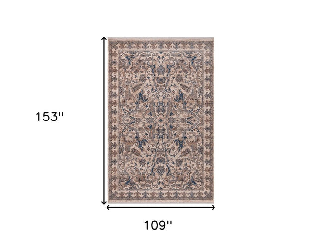 9' X 13' Tan And Blue Oriental Area Rug With Fringe