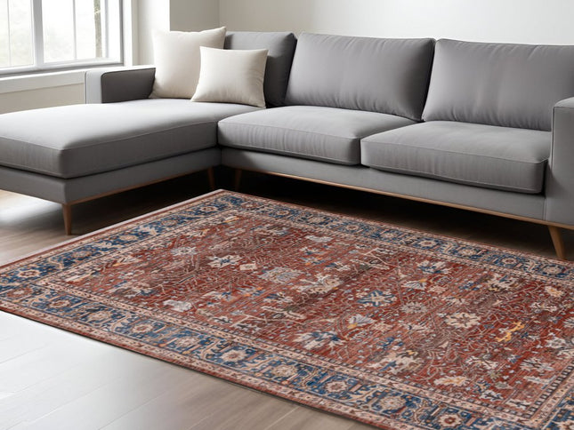 9' X 13' Red Beige And Blue Oriental Area Rug With Fringe