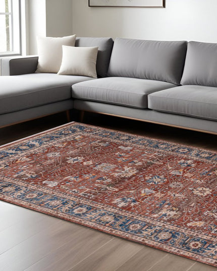 9' X 13' Red Beige And Blue Oriental Area Rug With Fringe