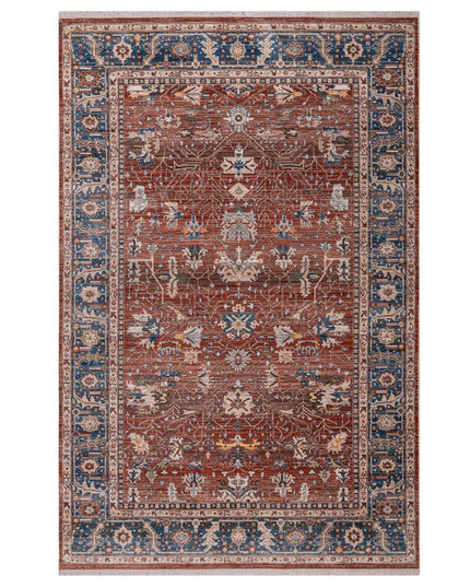 9' X 13' Red Beige And Blue Oriental Area Rug With Fringe