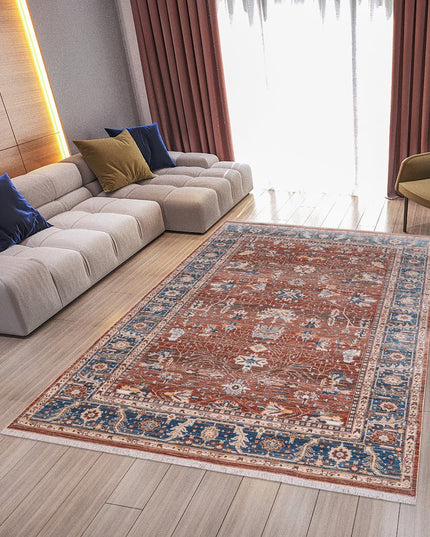 9' X 13' Red Beige And Blue Oriental Area Rug With Fringe