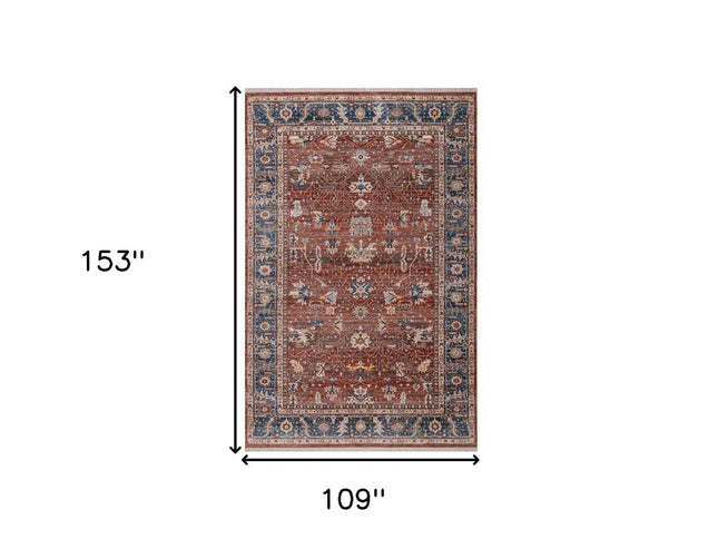 9' X 13' Red Beige And Blue Oriental Area Rug With Fringe