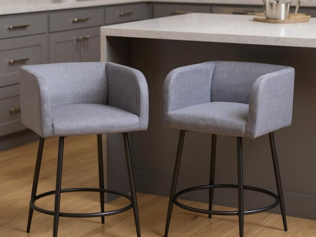 Set of Two 27" Gray and Black Fabric and Steel Counter Height Bar Chairs