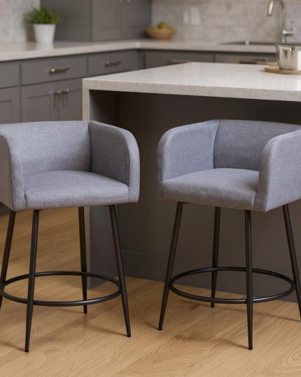 Set of Two 27" Gray and Black Fabric and Steel Counter Height Bar Chairs