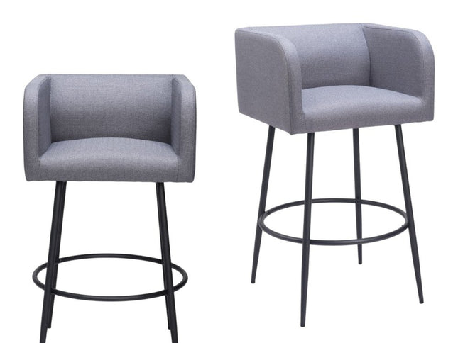 Set of Two 31" Gray and Black Fabric and Steel Bar Height Bar Chairs