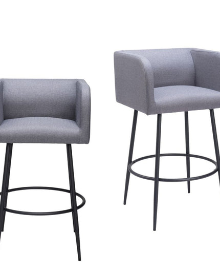 Set of Two 31" Gray and Black Fabric and Steel Bar Height Bar Chairs