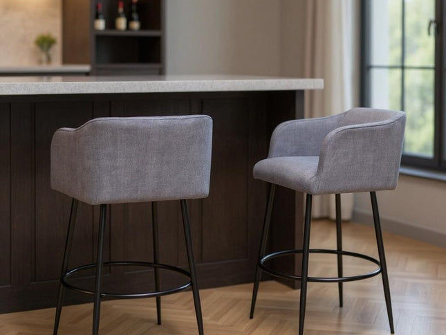 Set of Two 31" Gray and Black Fabric and Steel Bar Height Bar Chairs