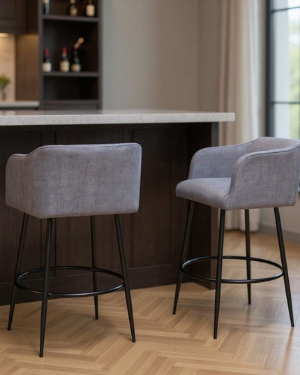 Set of Two 31" Gray and Black Fabric and Steel Bar Height Bar Chairs