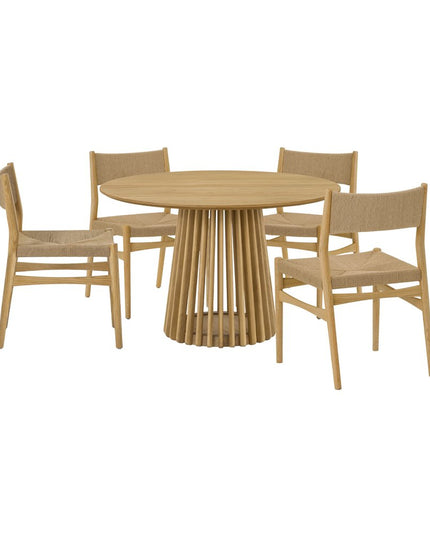 Five Piece Oak Round Dining Set with Four Chairs