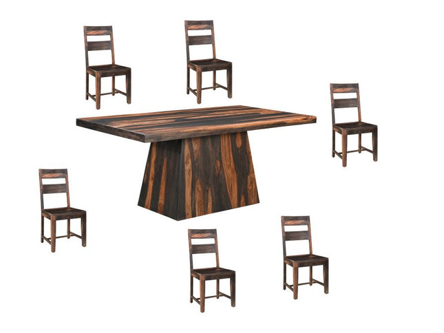 Seven Piece Dark Brown Solid Wood Dining Set with Six Chairs