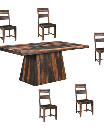 Seven Piece Dark Brown Solid Wood Dining Set with Six Chairs