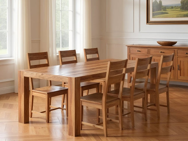 Seven Piece Brown Solid Wood Dining Set with Six Chairs