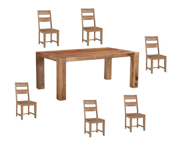 Seven Piece Brown Solid Wood Dining Set with Six Chairs