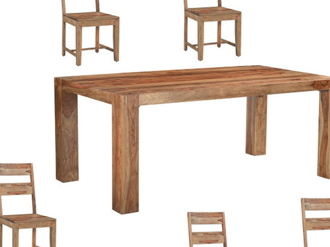 Seven Piece Brown Solid Wood Dining Set with Six Chairs