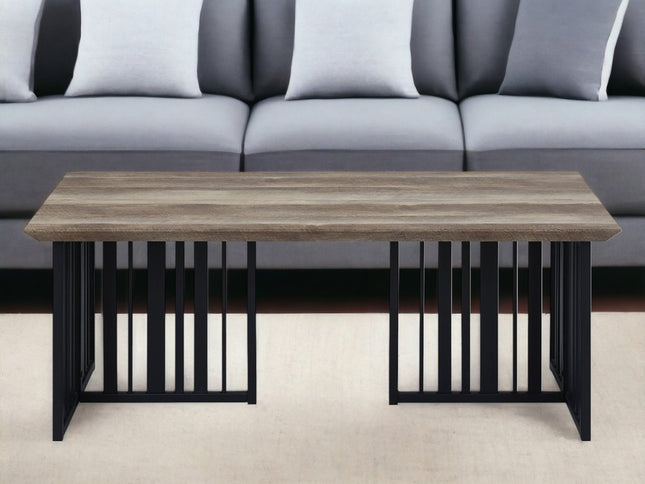 47" Oak and Black Wood And Metal Distressed Frame Coffee Table