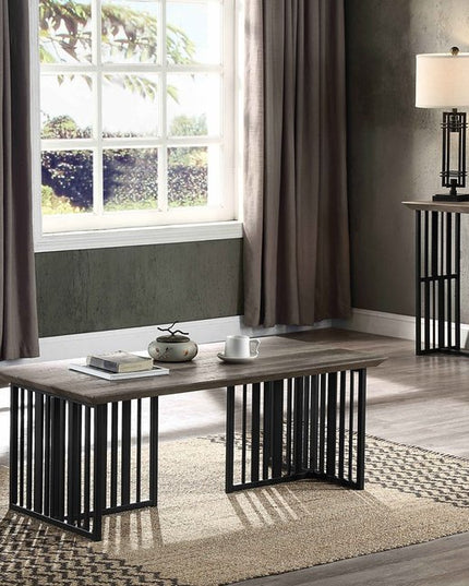47" Oak and Black Wood And Metal Distressed Frame Coffee Table