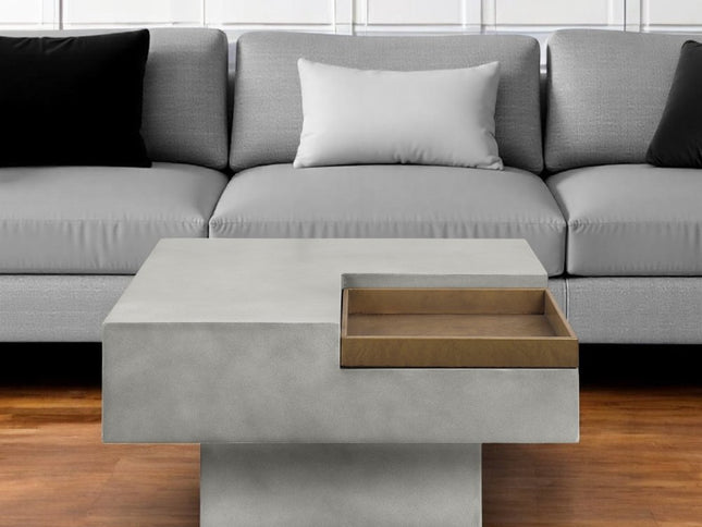 32" Gray Cement Square Distressed Pedestal Coffee Table