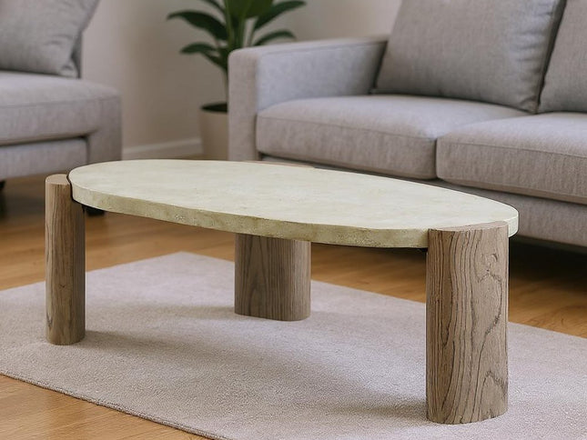 47" Beige and Oak Distressed Cement Oval Coffee Table