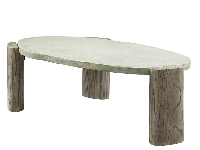 47" Beige and Oak Distressed Cement Oval Coffee Table