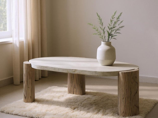 47" Beige and Oak Distressed Cement Oval Coffee Table