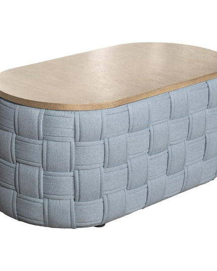 41" Natural and Blue Wood And Woven Fabric Oval Coffee Table