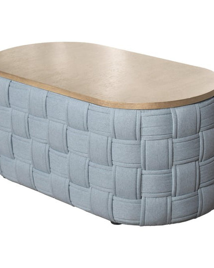 41" Natural and Blue Wood And Woven Fabric Oval Coffee Table