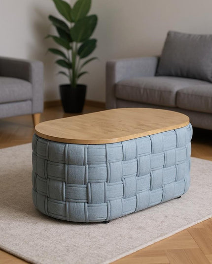 41" Natural and Blue Wood And Woven Fabric Oval Coffee Table