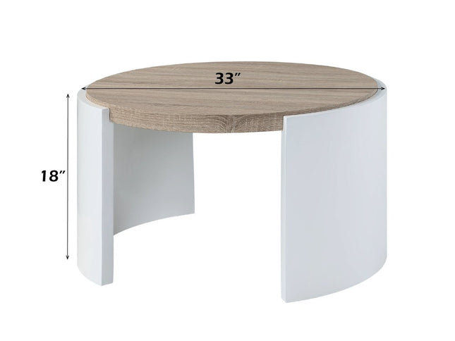33" Oak and White Wood Round Partial Frame Coffee Table