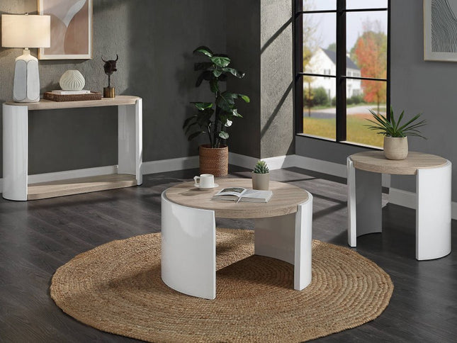 33" Oak and White Wood Round Partial Frame Coffee Table