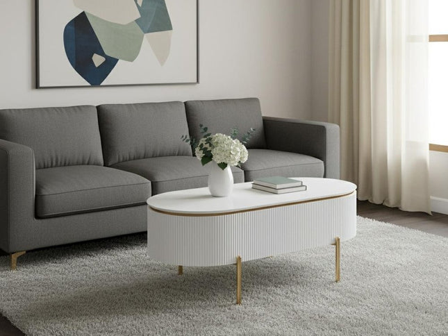 47" White and Gold Wood Oval Coffee Table With Drawer